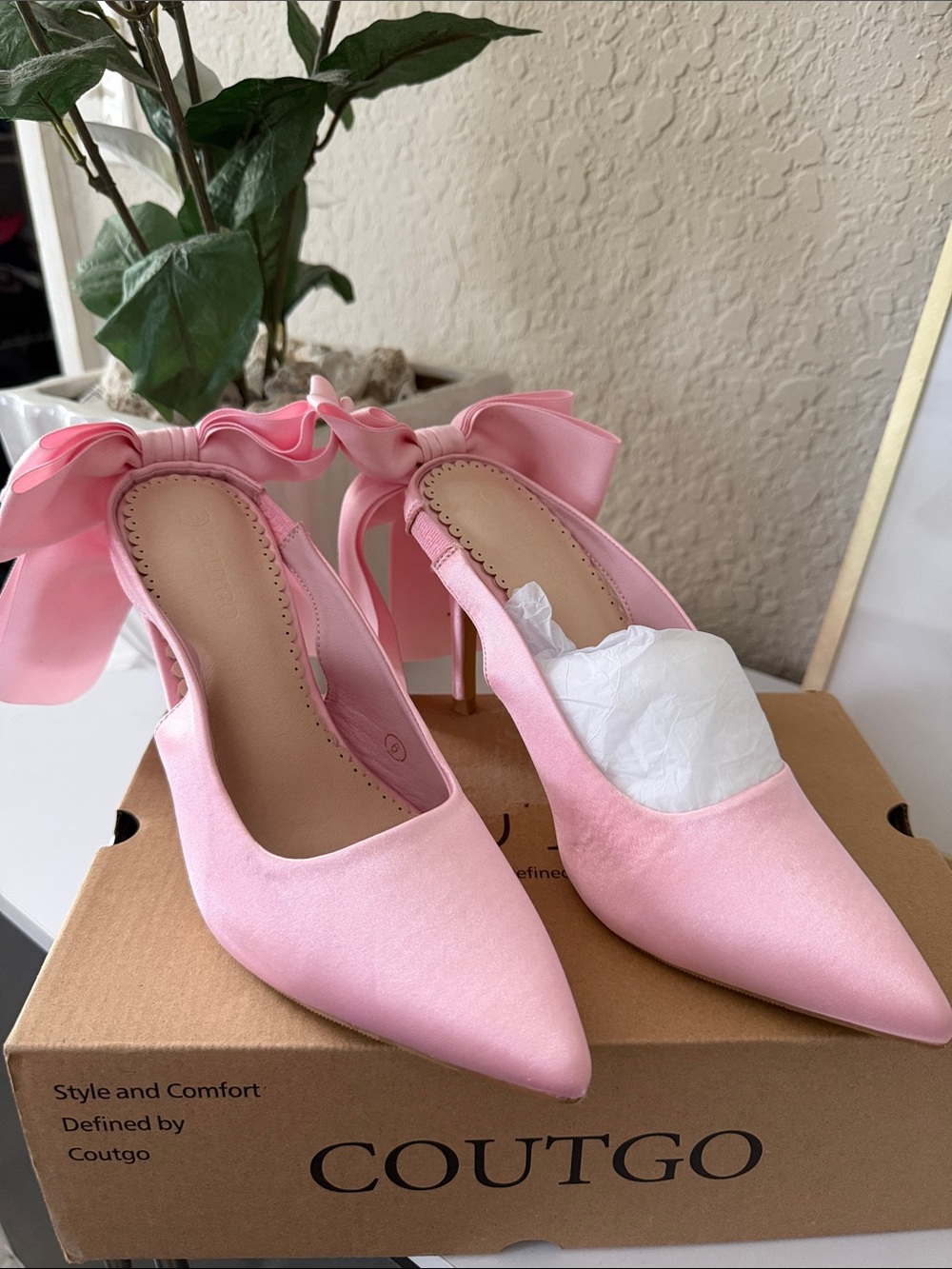 Coutgo Pink Satin Bow Pointed-Toe Slingback Heels